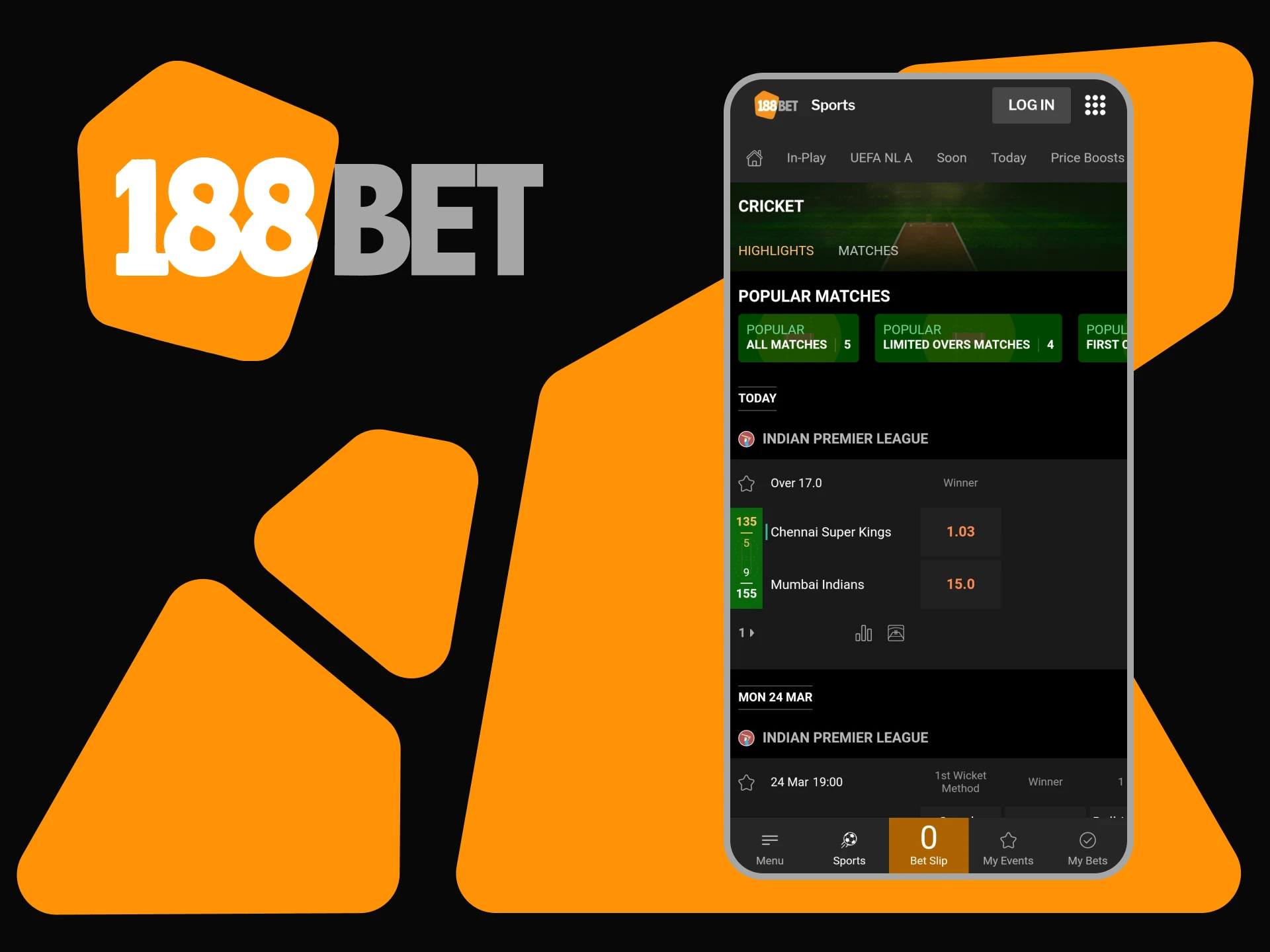 Go to the sports section of the 188bet betting app.