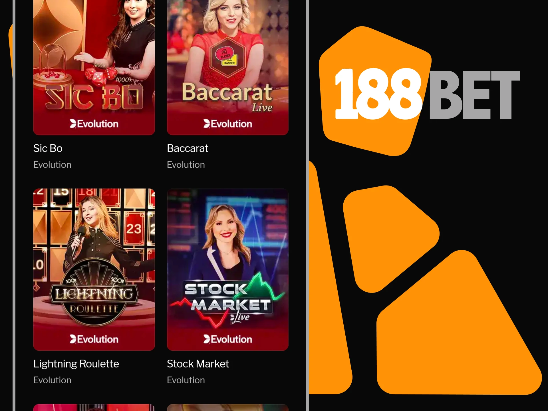 In the 188bet app you can choose the live casino section.