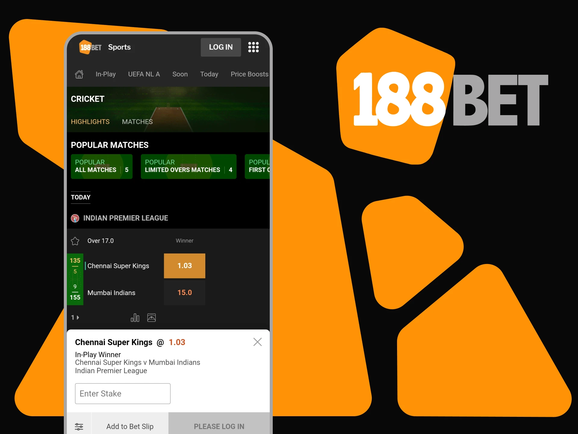 You can place bets on cricket in the 188bet app.