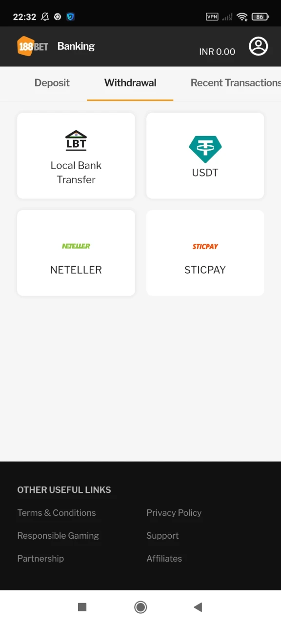 Select a method to replenish your deposit on 188bet.